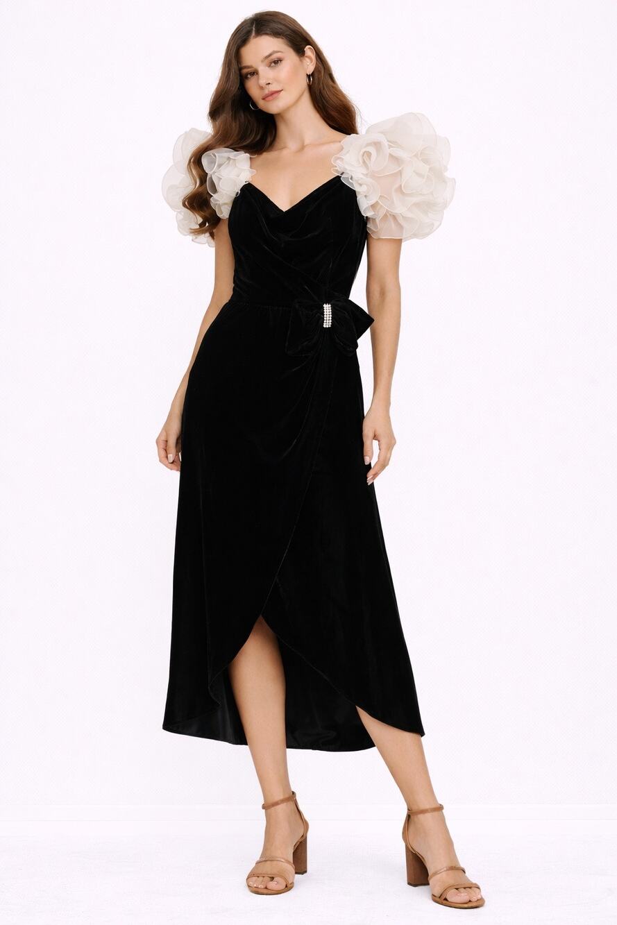 American Vintage 1980s Black Velvet Evening Gown with Sheer Ruffled Straps XS